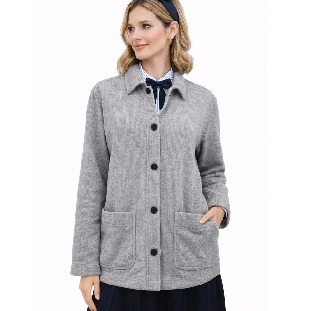 J Crew Womens Jacket L Gray Preppy Minimalist‎ Academia Ribbed Knit Soft Buttons